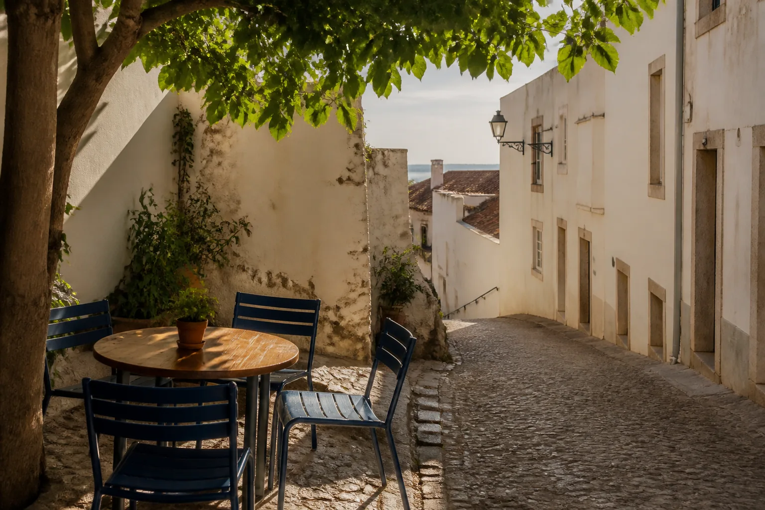 Street-corner cafe with a single plane tree, a sloping cobbled street falling away, a person pausing to look back at the corner, warm late-day light on plaster walls, 1600x1000