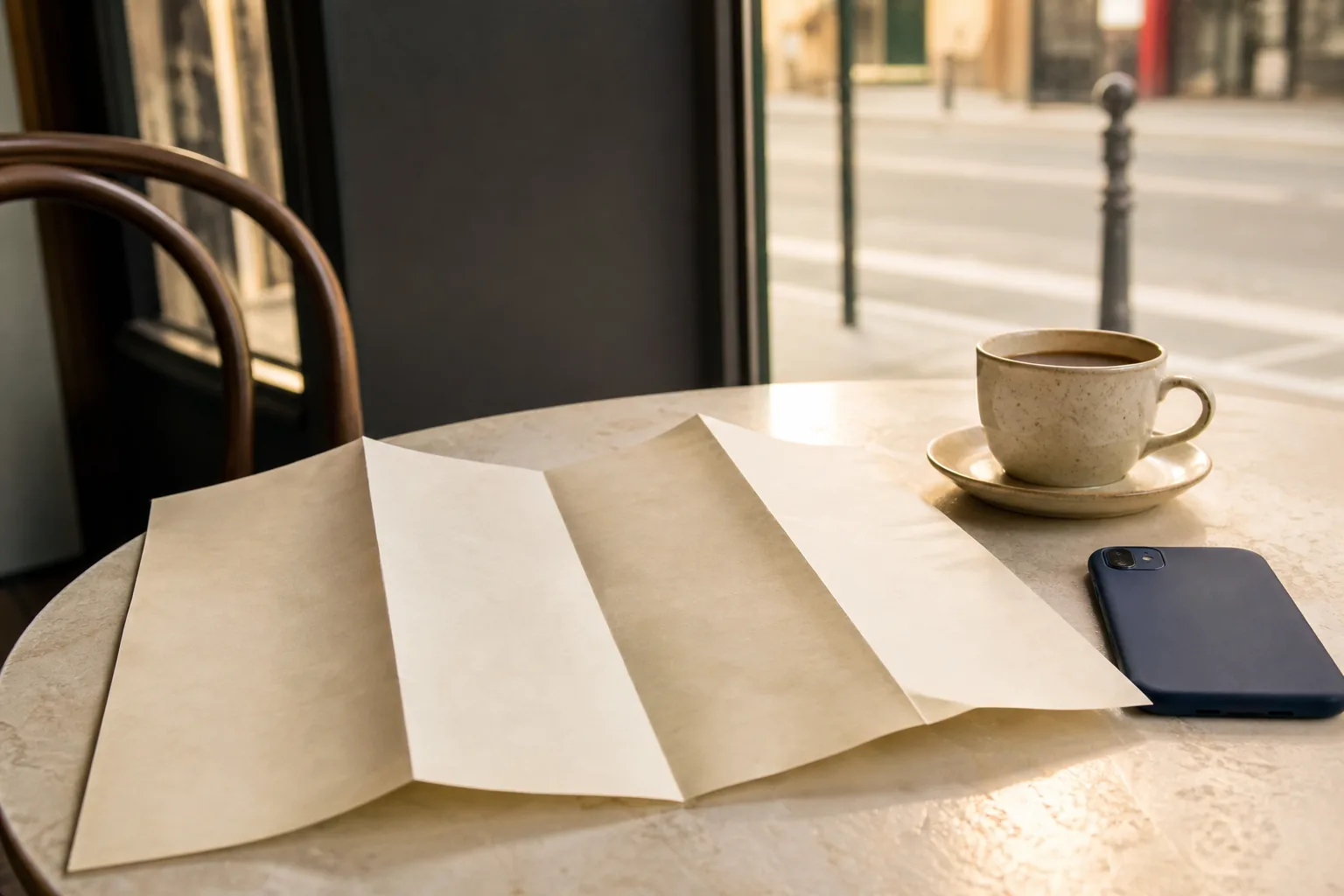 Cafe table by a window with a folded paper topographic map beside a face-down phone, a pencil and a small cup, street blur through the glass, 1600x1000