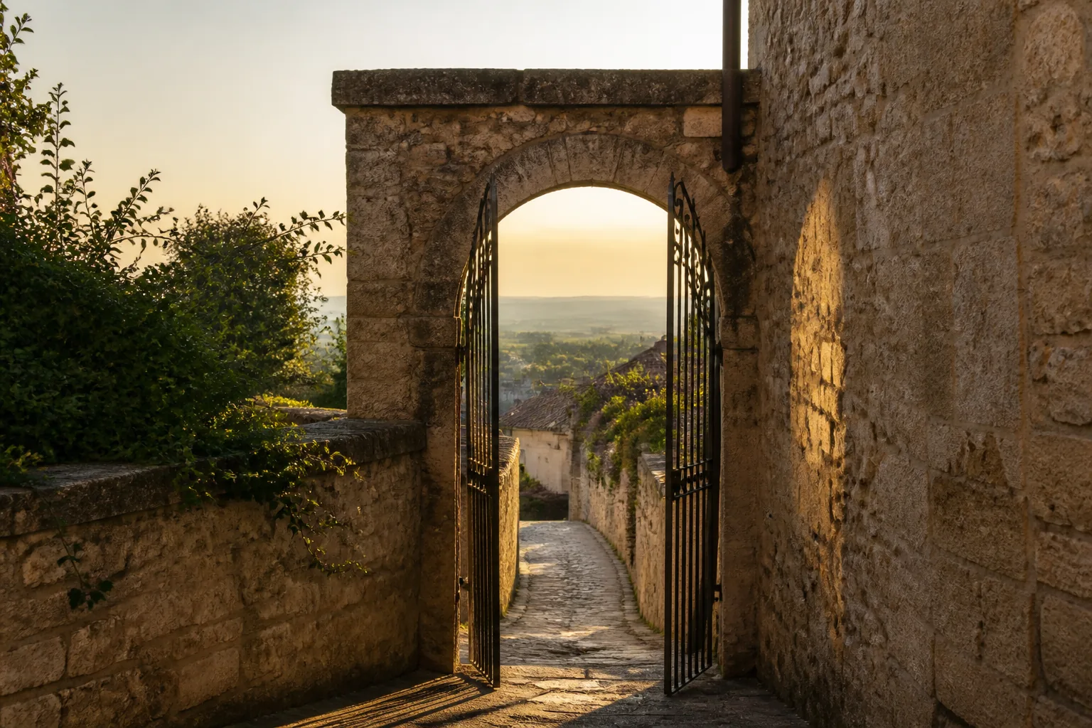 Narrow stone passage closed by a dark iron gate in afternoon light, a faded painted arrow on the wall, cobbles turning into shadow, a square visible through the bars, 1600x1000