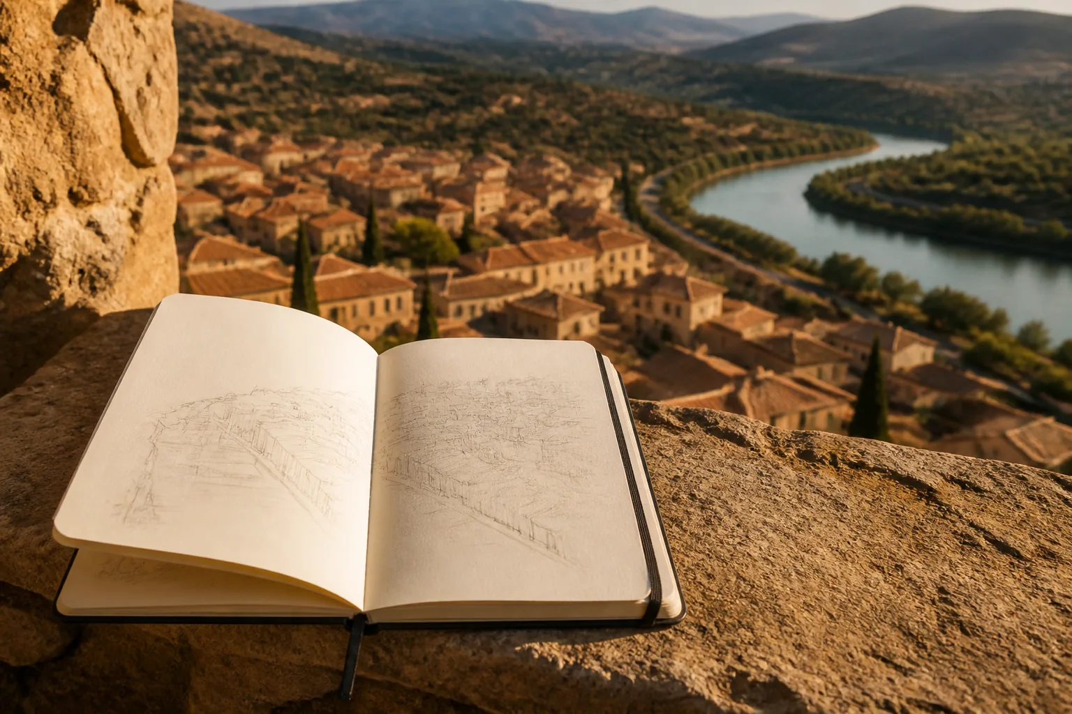 Open field notebook on a stone sill above a hillside town, pencil sketch of street spines beside handwritten notes, terracotta roofs and a river bend in late light, 1920x1080