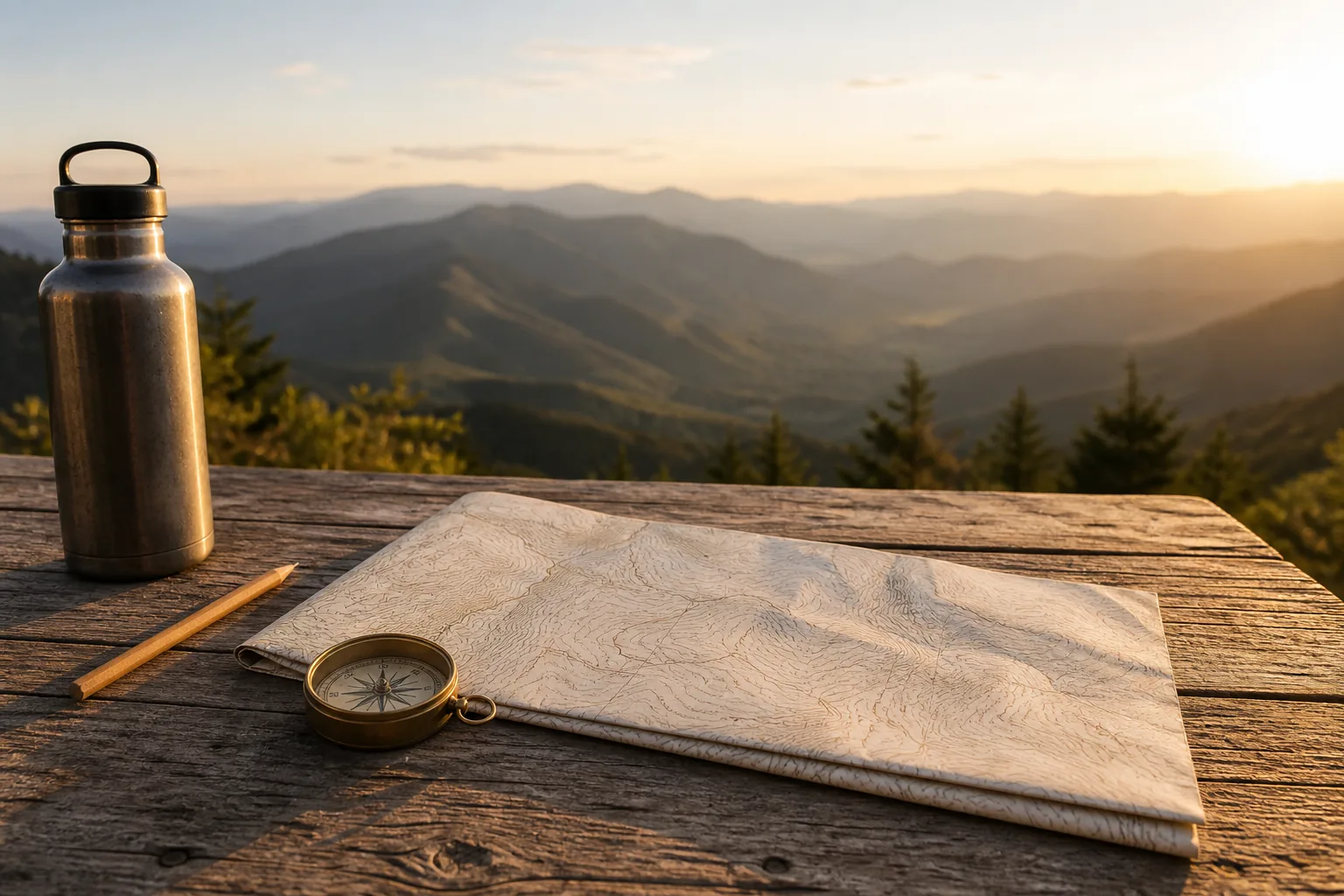 Weathered wooden table on a trail overlook with a folded paper topographic map, a small compass, a pencil, and a water bottle, late sun on distant hills, 1600x1000