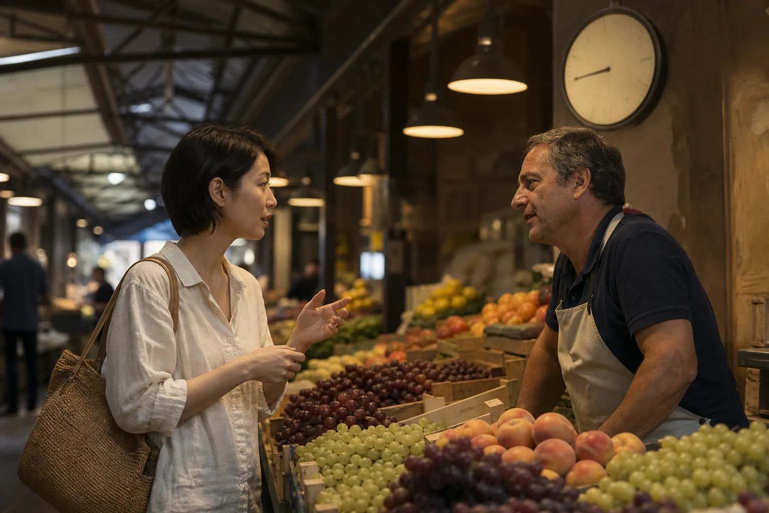 Traveler at a covered market stall asking a vendor a question, crates of fruit in the foreground, a clock face visible down the aisle, warm overhead lamps, 1600x1000