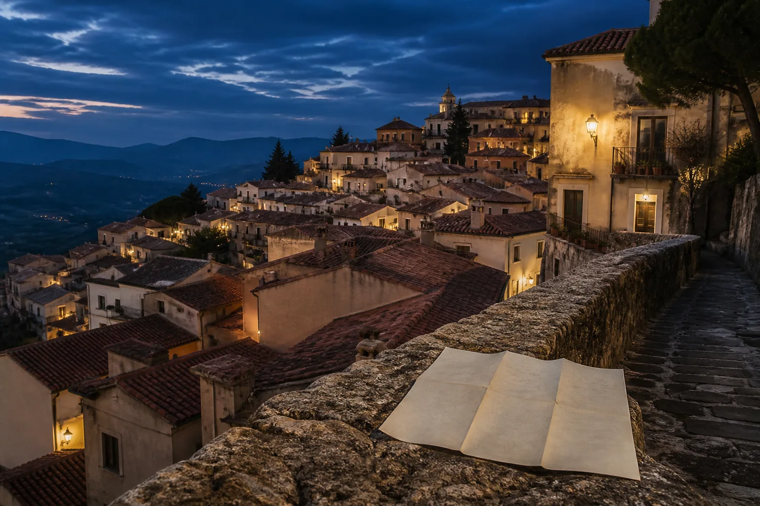 Stone ridge path at dusk above a hillside town, terracotta tiled roofs stepping down the slope, a folded paper map in the foreground, warm window lights and a deep blue sky over distant ridges, 1920x1080