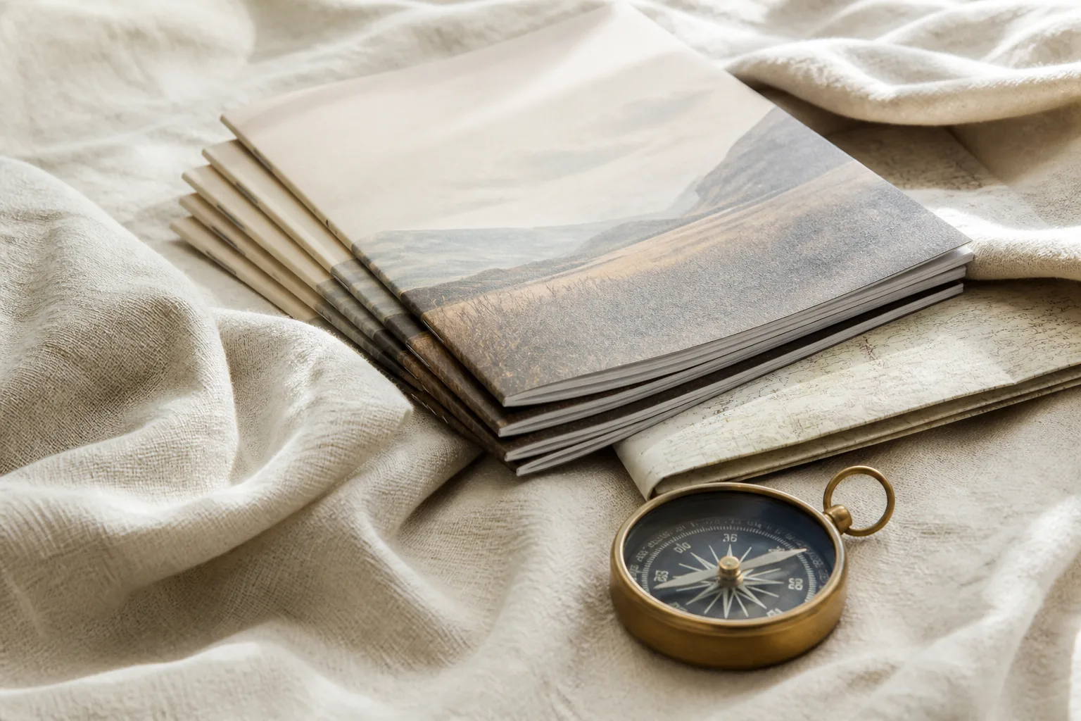 Stack of slim printed guides and a small brass compass on natural linen, a folded sheet map peeking from the pile, soft window light, 1600x900