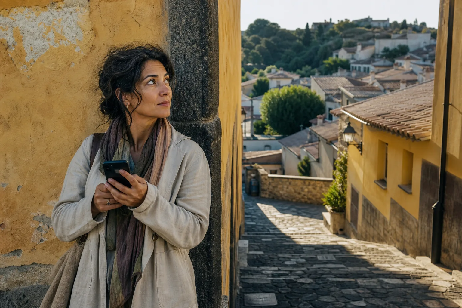 Traveler at a stone street corner lowering a phone to look uphill, ochre walls, a narrow stair, late afternoon shadow cutting across cobbles, hillside roofs beyond, 1600x1000