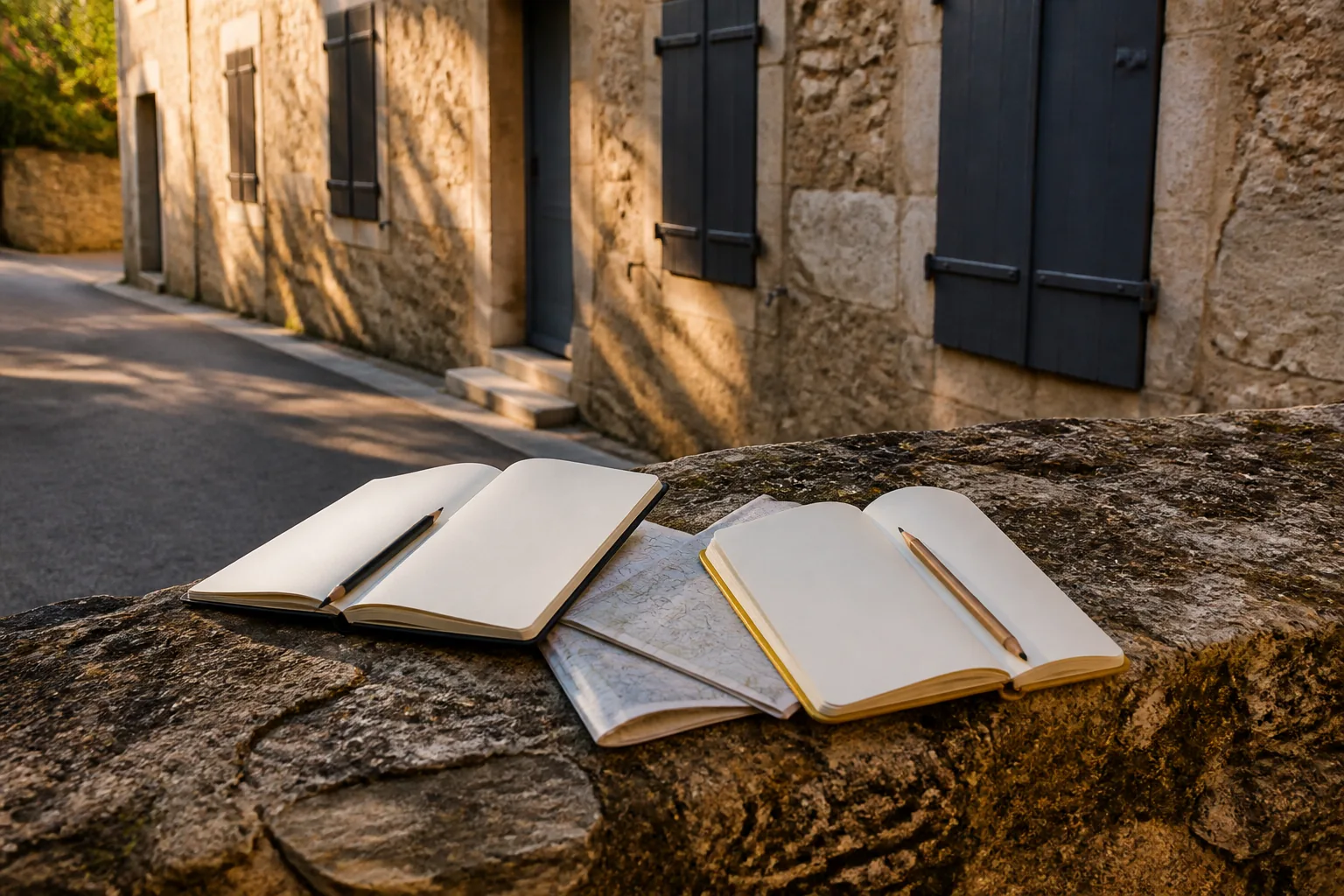 Two open field notebooks and pencils resting on a low stone wall, a folded paper map tucked between pages, a quiet lane and shuttered windows behind, 1600x1000